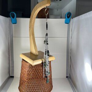 Elegant Silver Chain Tassel Keychain With Black & Green Beads Lobster Clasp Mult